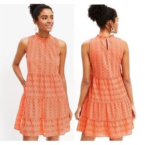 LOFT Women's Lively Coral Ruffled Neck Eyelet Tiered Swing Dress